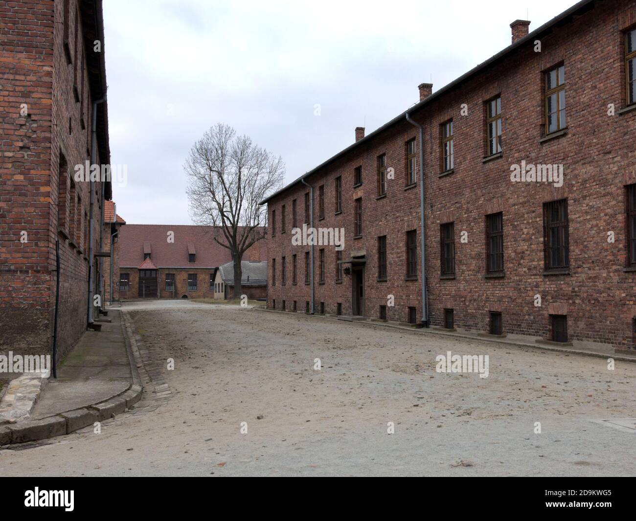 Ein strenger Korridor in den Blöcken des Museums des Konzentrationslagers Auschwitz-Birkenau, Oswiecim, Polen Stockfoto