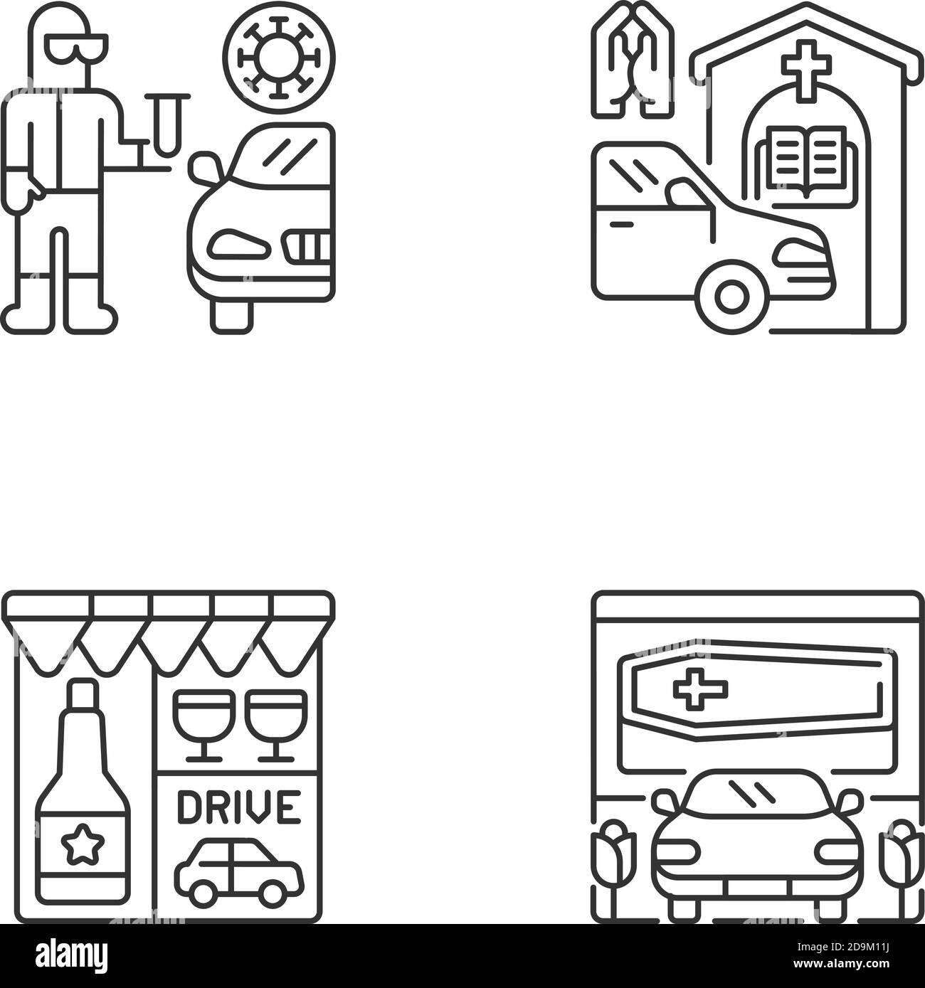 Drive-Thru-Services – lineare Symbole gesetzt Stock Vektor