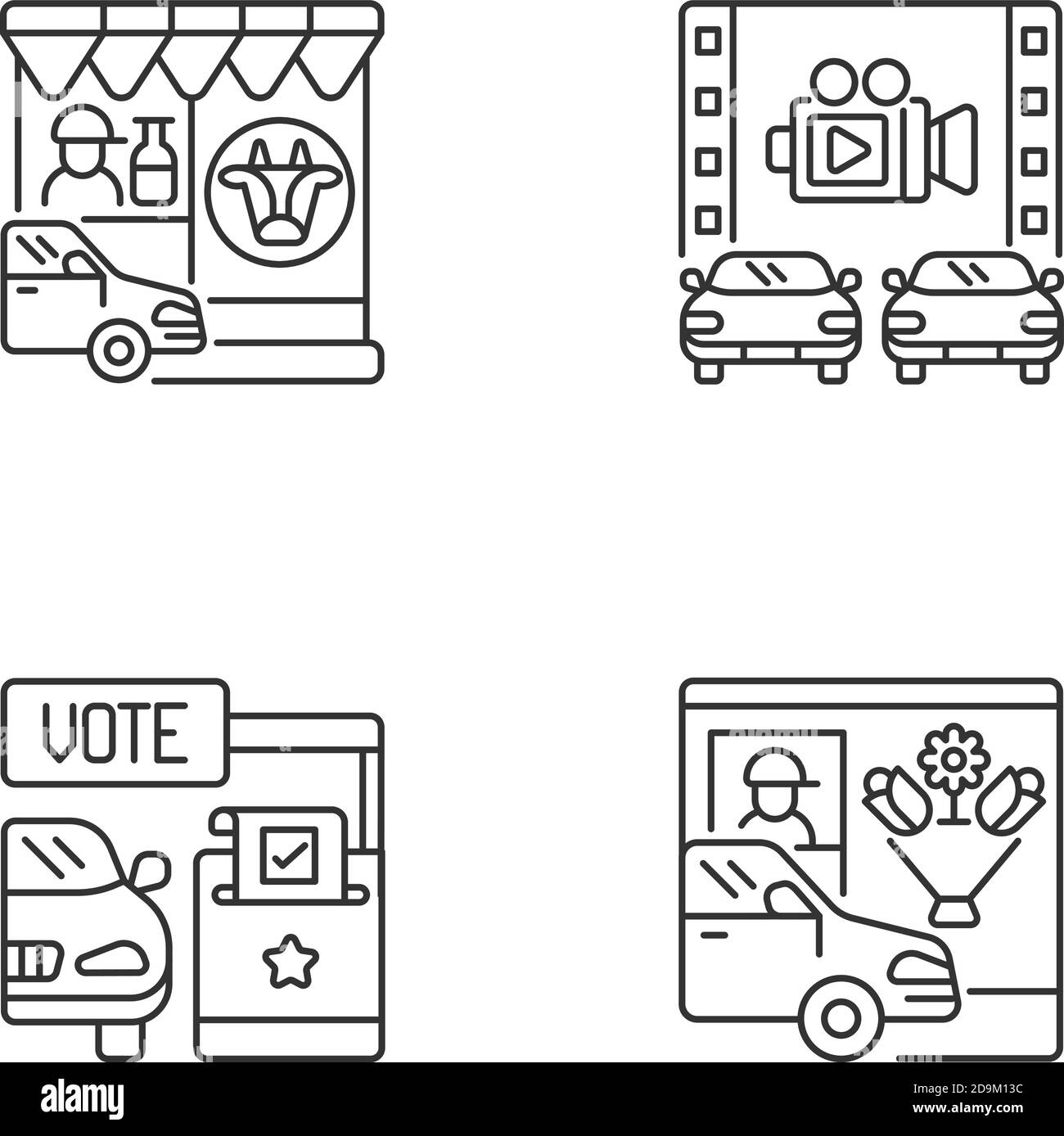 Lineare Symbole für Drive-in-Services gesetzt Stock Vektor