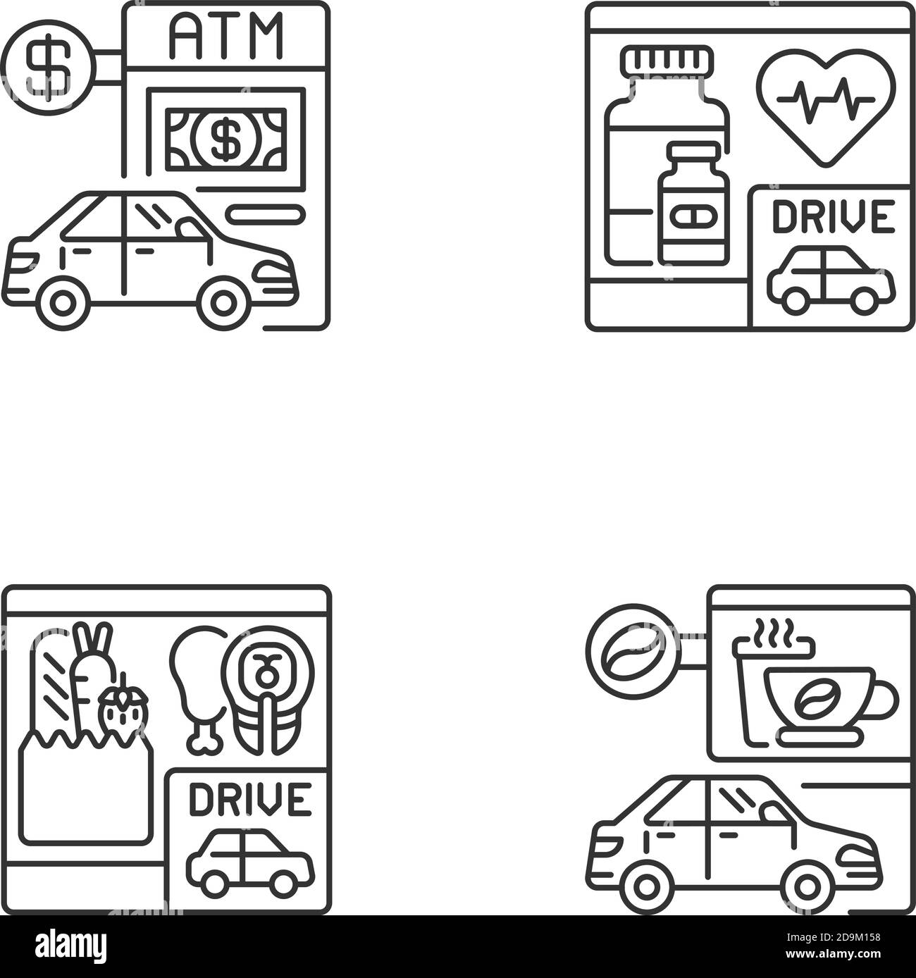 Auto in Antrieb in linearen Icons gesetzt Stock Vektor