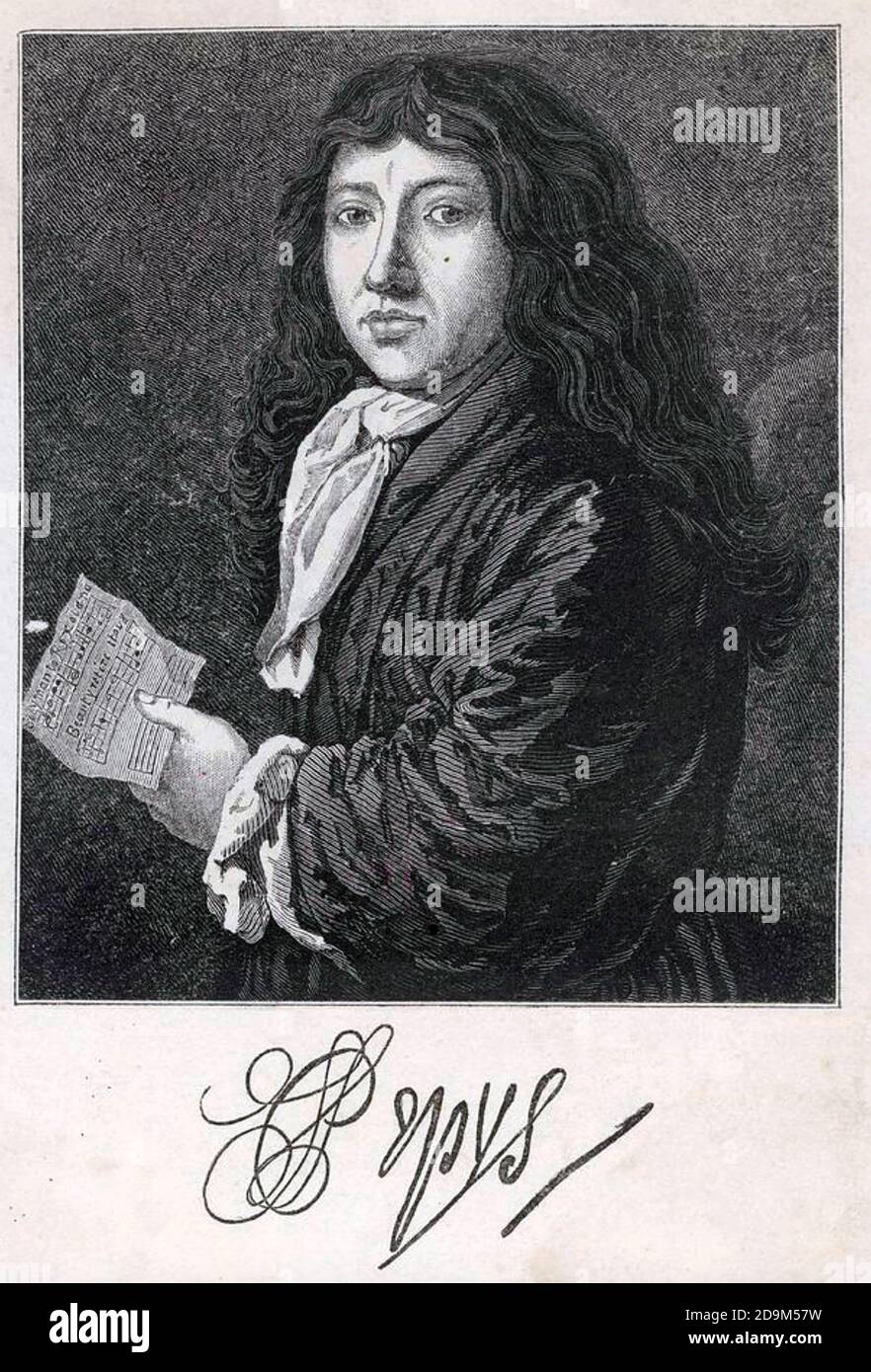 SAMUE PEPYS (1633-1703) englischer Politiker und Marineadministrator; Stich nach dem Porträt von John Hayl aus dem Jahr 1666 Stockfoto