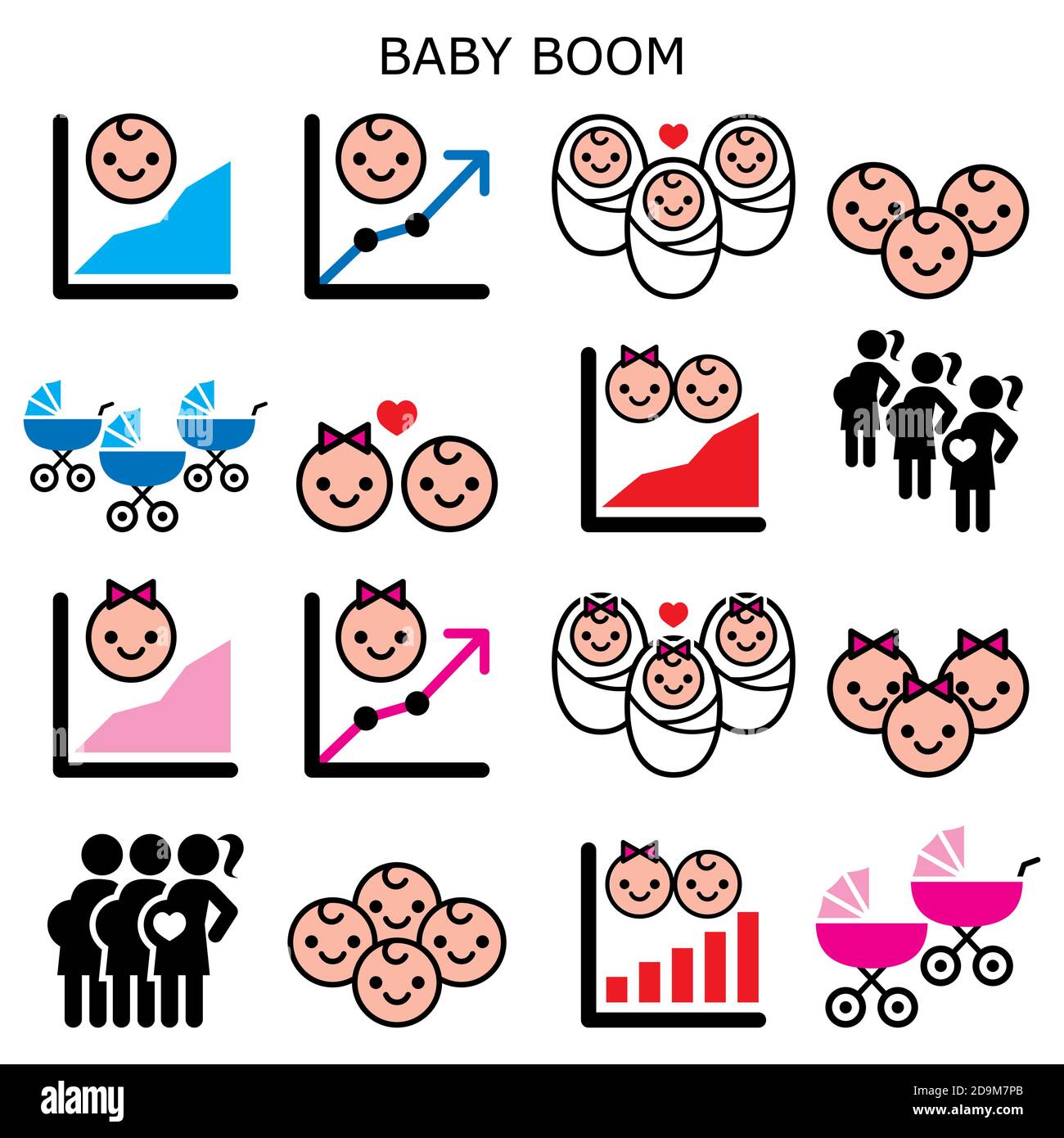 Baby-Boom, Baby-Boomer-Generation Vektor-Symbole gesetzt - Erhöhung der Fruchtbarkeit von Jungen und Mädchen Stock Vektor