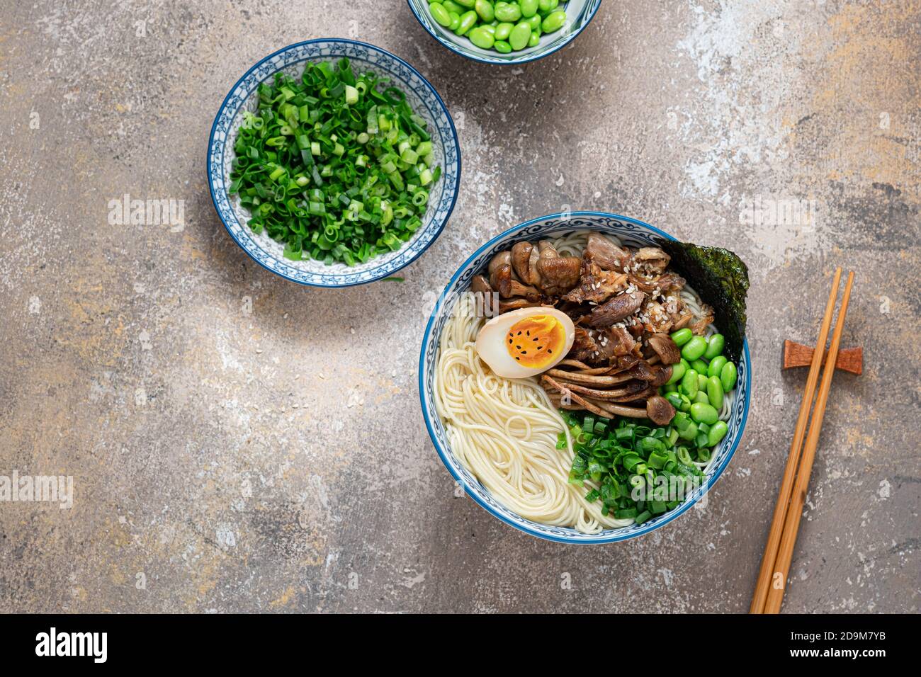 Shio Ramen Suppe mit Huhn, Champignons, Zwiebel und Ei, flach legen Kopie Raum Stockfoto