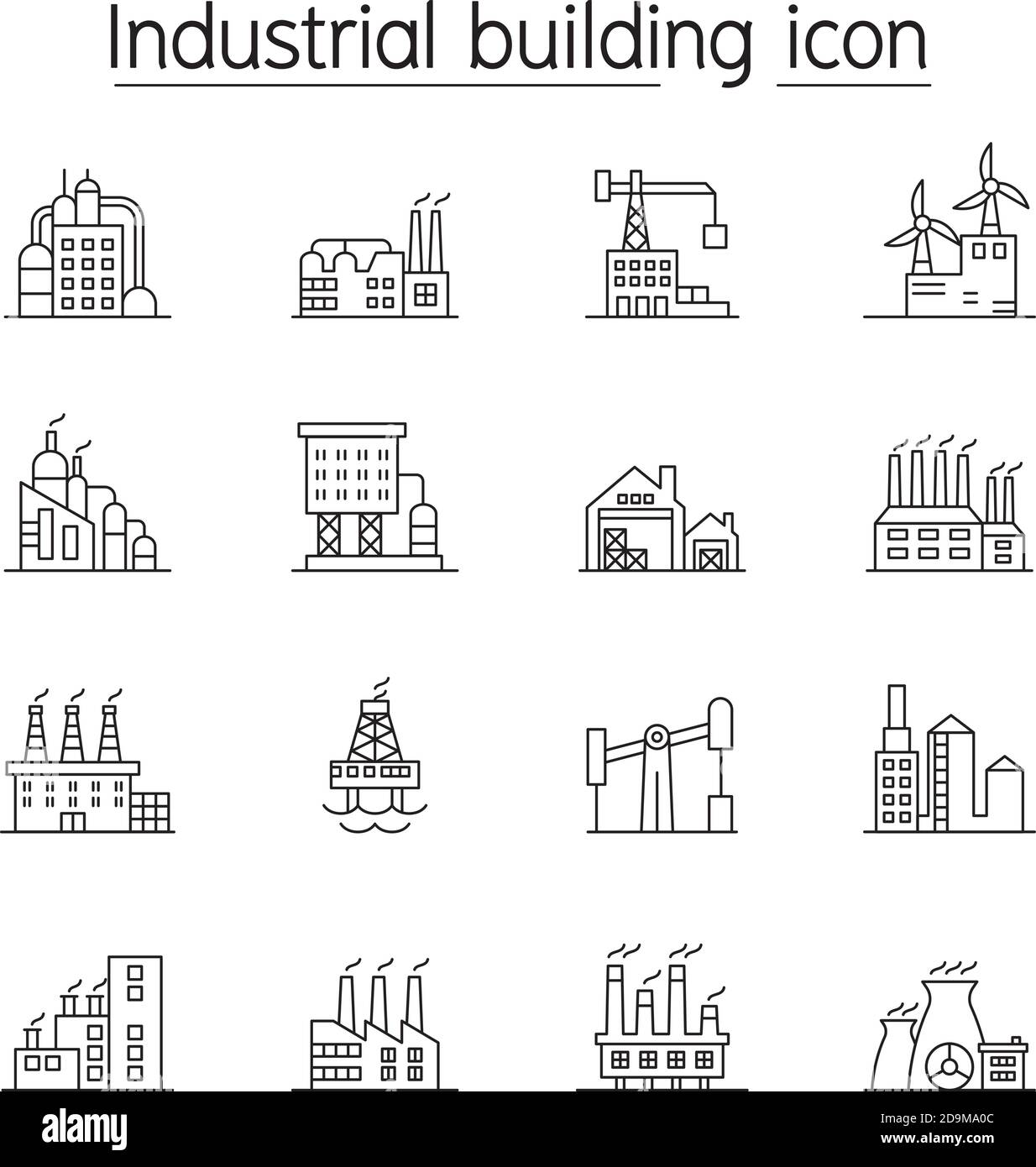 Industriegebäude, Fabrik, Plant Icon im dünnen Linienstil Stock Vektor