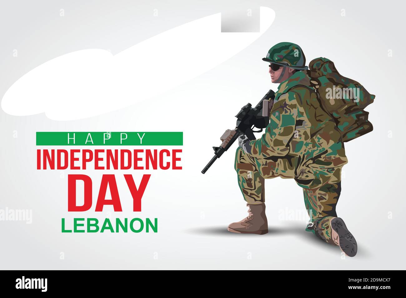 Illustration des 22. November Hintergrund zum Happy Independence Day des Libanon. Ein Soldat mit Waffe und Flagge. Vektorgrafik. Stock Vektor