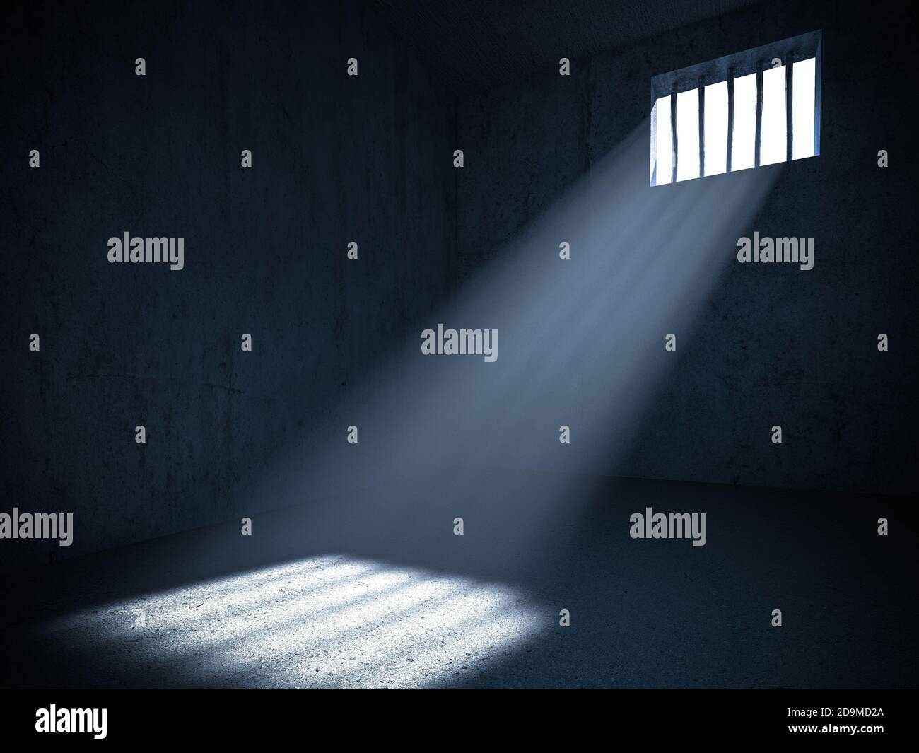 Das Innere eines Gefängnisses mit Licht aus einem vergitterten Fenster. 3d Render. Konzept der Entbehrung der Freiheit. Stockfoto