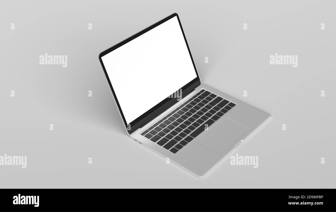 Laptop mit leerem Bildschirm isoliert auf grauem Hintergrund, Aluminiumgehäuse 3d-Rendering. Stockfoto