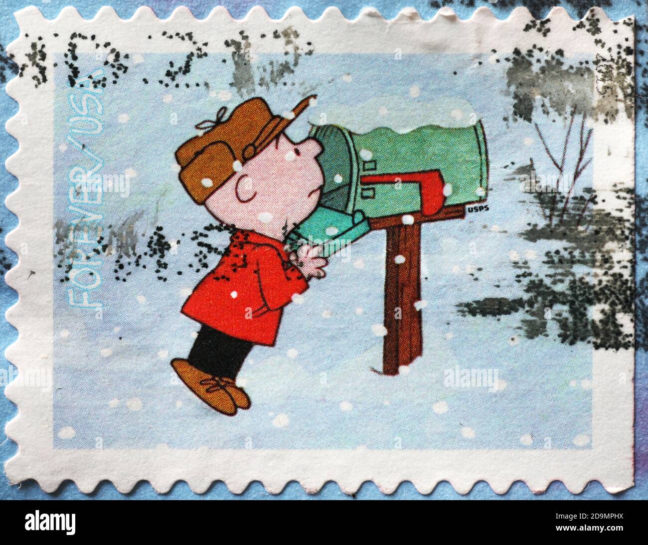 Charlie Brown beim Briefkasten auf Briefmarke Stockfoto