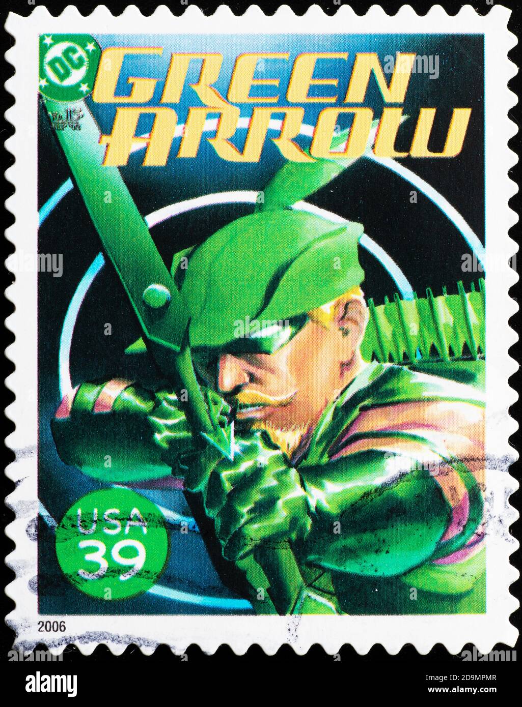 Cover der Zeitschrift Green Arrow auf amerikanischer Briefmarke Stockfoto