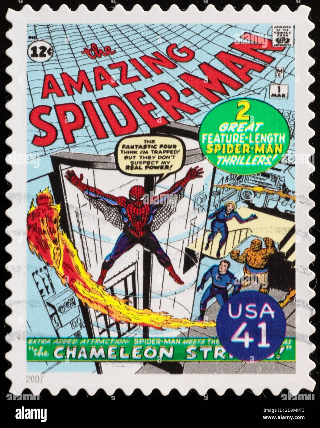 Titelbild des Spider man Magazins auf amerikanischer Briefmarke Stockfoto