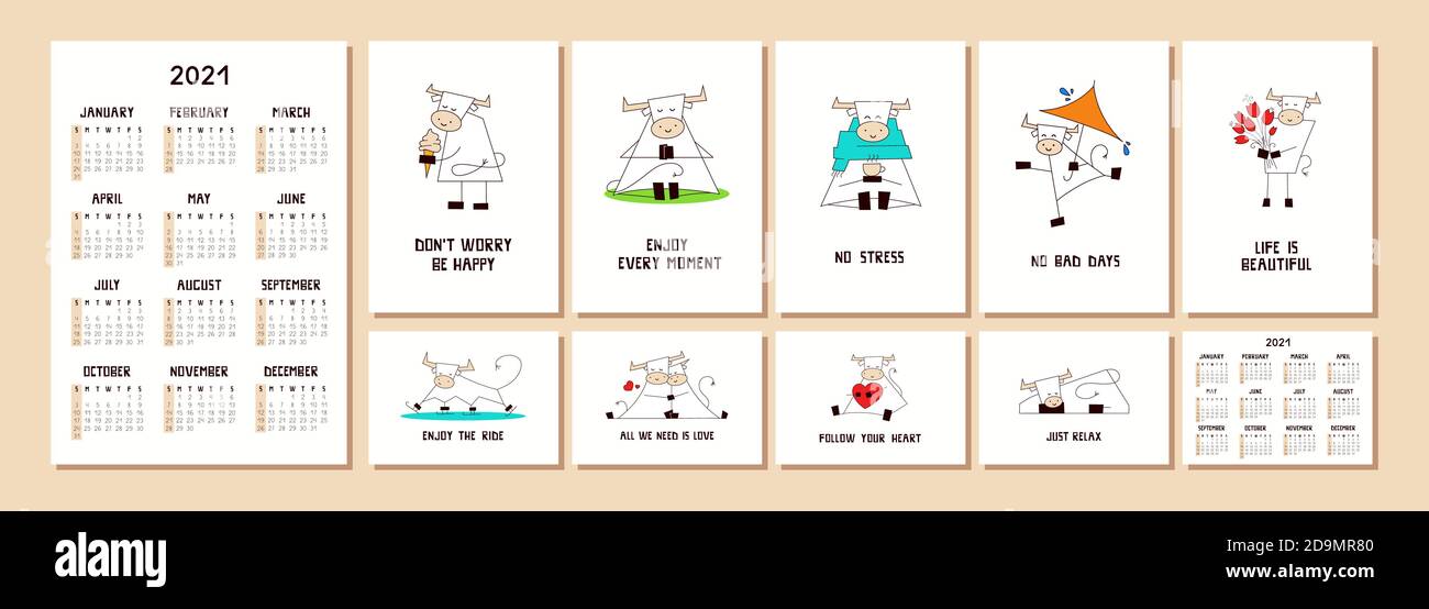 Vector Set mit 2021 Taschenkalendern. Chinesisches Neujahrssymbol. Glücklich lächelnd weißer Ochse, Stier, Kuh. Die Woche beginnt am Sonntag. Kreativ gezeichnete Schriftart. Beschriftung Stock Vektor