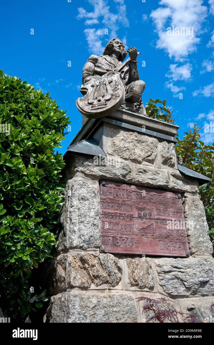 Statue von Hans der Sager, alter Troubadour im Vinschgau, Latsch, Bozen, Trentino-Südtirol, Italien Stockfoto