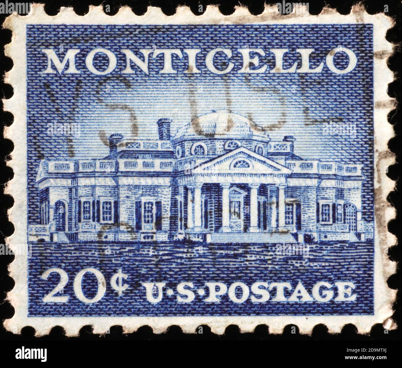 Haupthaus von Monticello auf amerikanischer Vintage-Marke Stockfoto