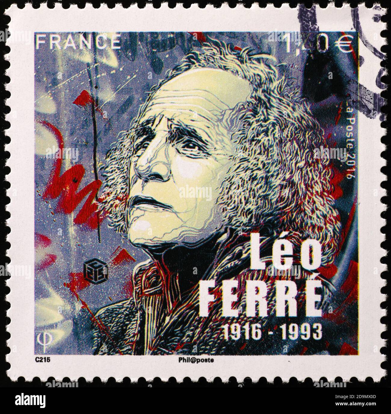 Porträt von Leo Ferré auf französischer Briefmarke Stockfoto