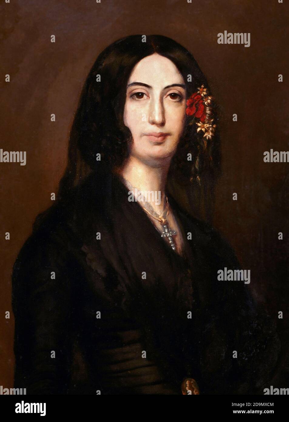 George Sand, Porträt nach Auguste Charpentier, c. 1838. Der französische Schriftsteller George Sand (Amantine-Lucile-Aurore Dupin: 1804-1876) war berühmt für ihre Affäre mit dem Komponisten Frederic Chopin. Stockfoto