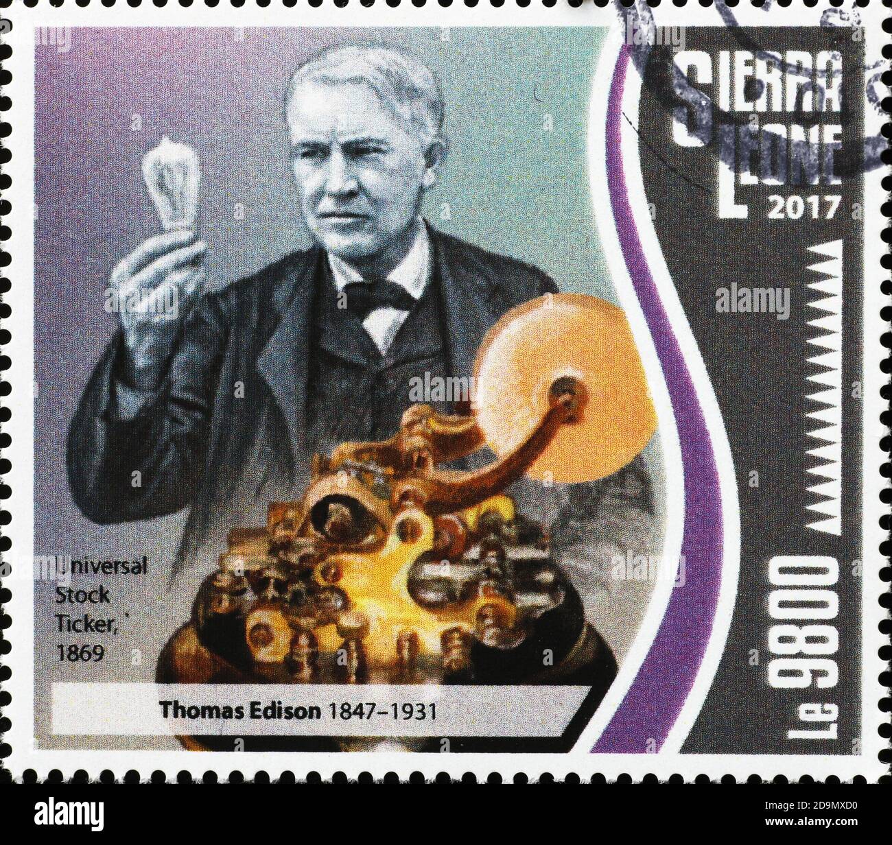 Universal Stock Ticker Erfindung von thomas Edison auf Briefmarke Stockfoto