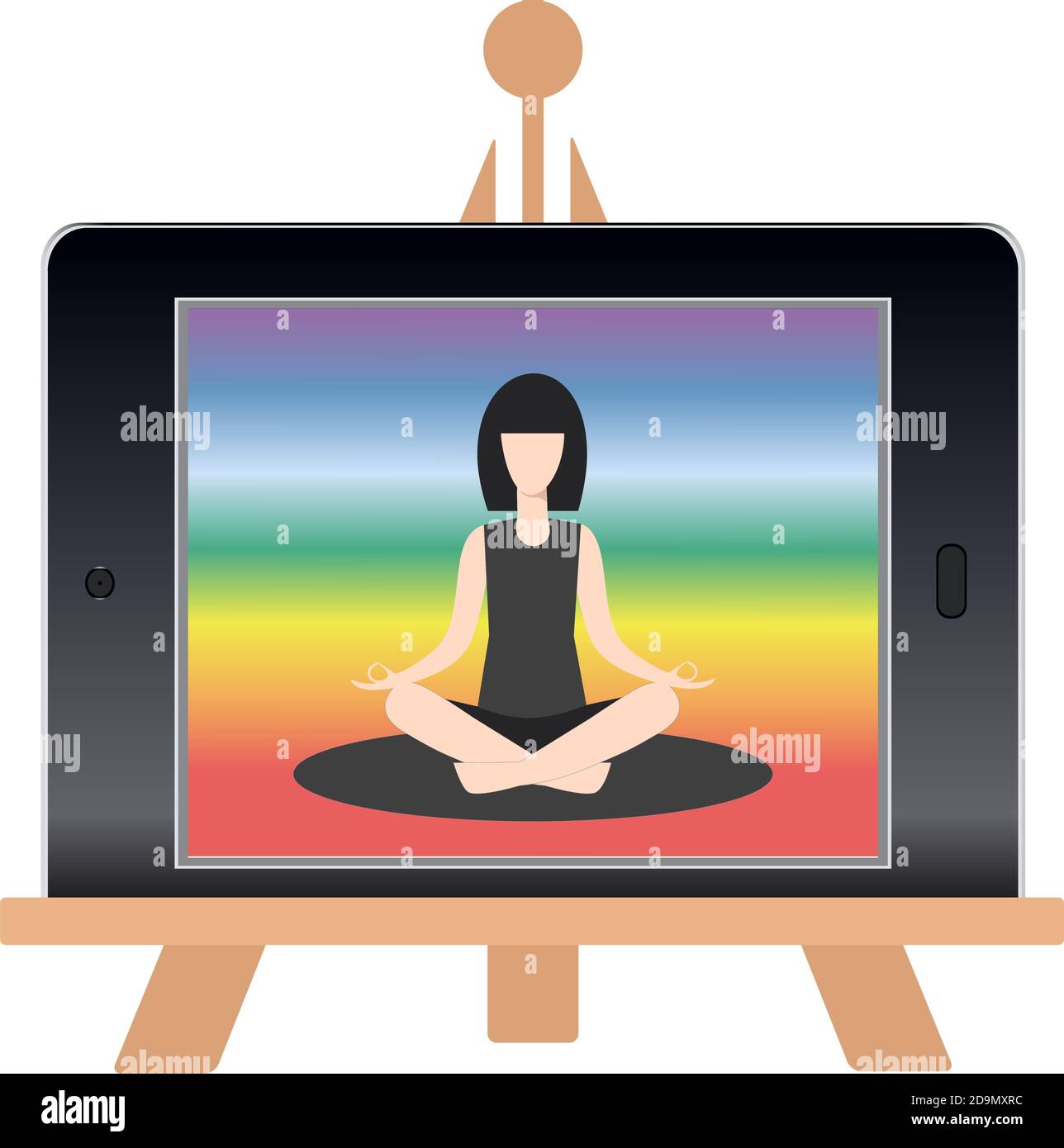 Online-Yoga-Kurs. Tablet auf dem Ständer. Isolierte Vektordarstellung. Bleib zu Hause Konzept. Online-Kurse auf Tablet-Display Stock Vektor