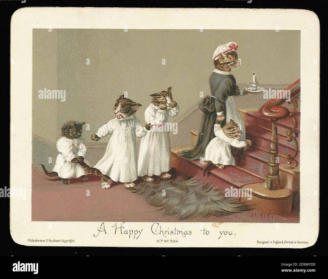 Katzen wünschen sich ein Frohe Weihnachten. Alte Christchas Karte Illustration im Vintage-Stil. Stockfoto