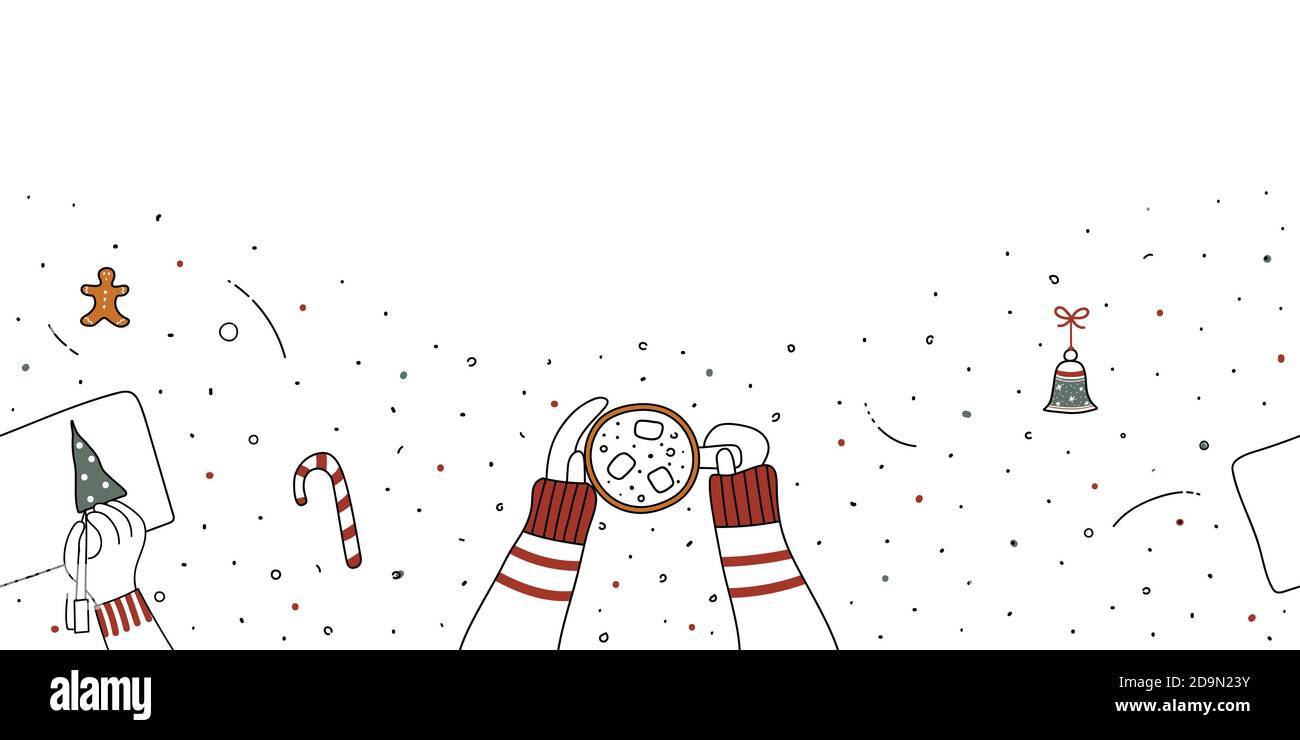 Winter Weihnachten nahtlose horizontale romantische Grenze.Weibliche Hände halten Tasse Kaffee, Latte oder Kakao, Glocke, Zuckerrohr, Lebkuchenmann, Handschellen Stock Vektor