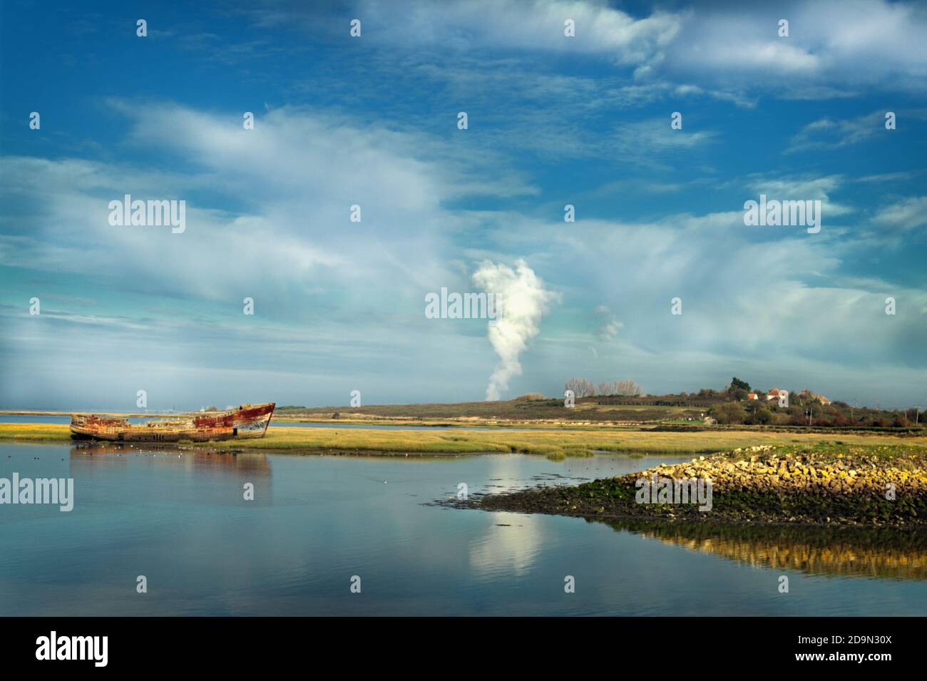 Blick von North Kent über die Sümpfe mit einem Wrack Stockfoto