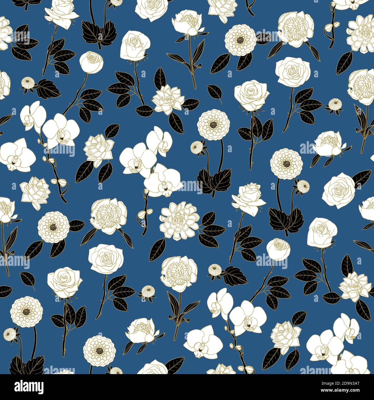 Schwarz-weiß florales Nahtloses Muster mit handgezeichneten Blumen auf blauem Hintergrund. vecto-Lager Stock Vektor