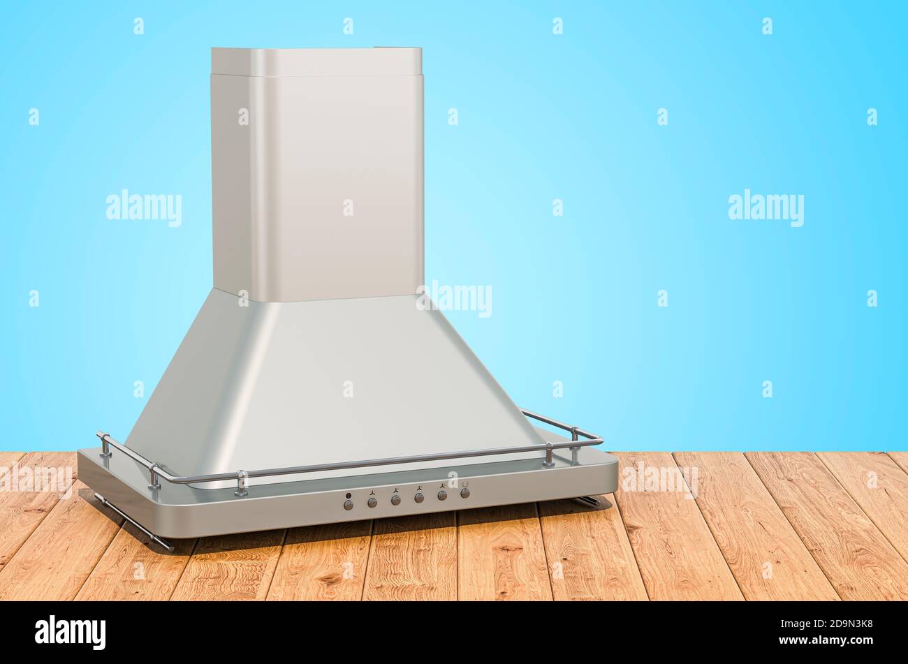 Küchenabzugshaube auf den Holzplanken, 3D-Rendering Stockfoto