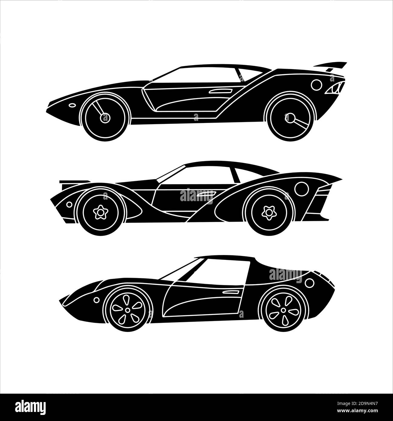 Satz von Sportwagen. Retro-Autos. Schwarze Silhouetten-Symbole. Stock Vektor