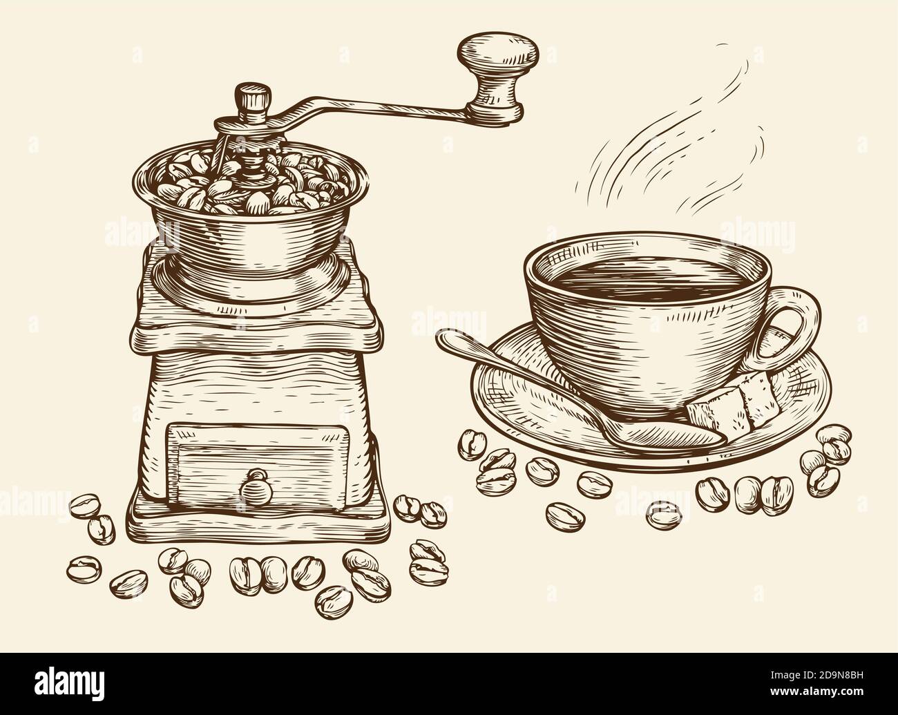 Skizze des Kaffeekonzepts. Vintage-Vektorgrafik Stock Vektor