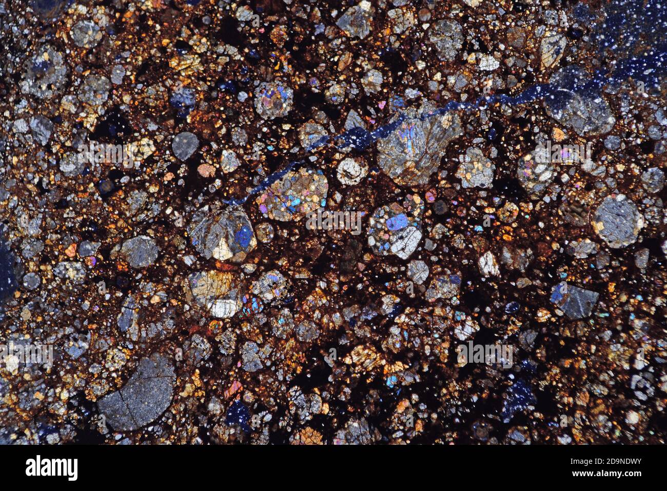 NWA Meteoritenmikroskop Dünnschnitt Folie zeigt Chondrulen, polarisierte Beleuchtung. Chondrule Rich, Sahara Wüste, Marokko Stockfoto