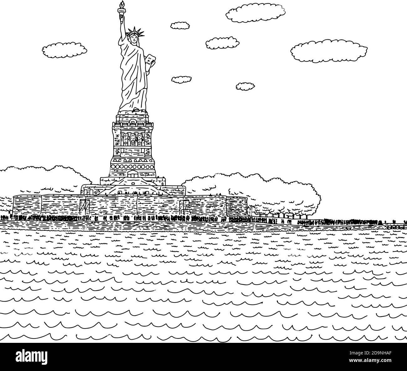 Freiheitsstatue auf der Insel im hafen von nyc Vektorgrafik Skizze Doodle Hand gezeichnet mit schwarzen Linien isoliert auf weiß Hintergrund Stock Vektor