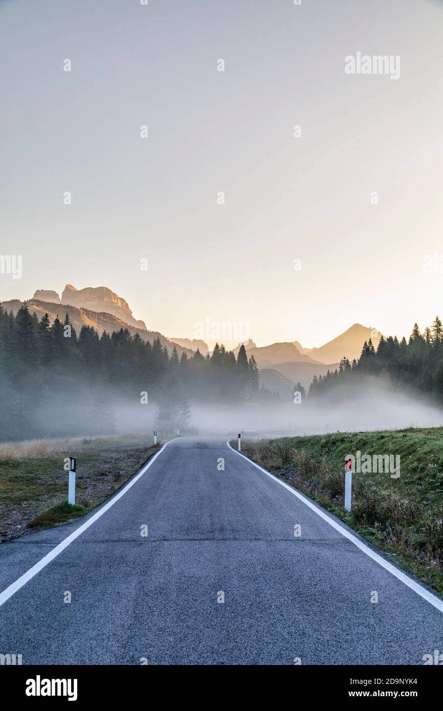 Bergstraße, Morgennebel, duran Pass, belluno, venetien, italien, europa Stockfoto