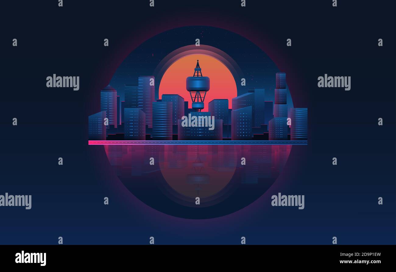 Futuristische Stadtlandschaft mit Sonnenuntergang.Zukunft Thema Konzept background.Vector und Illustration Stock Vektor