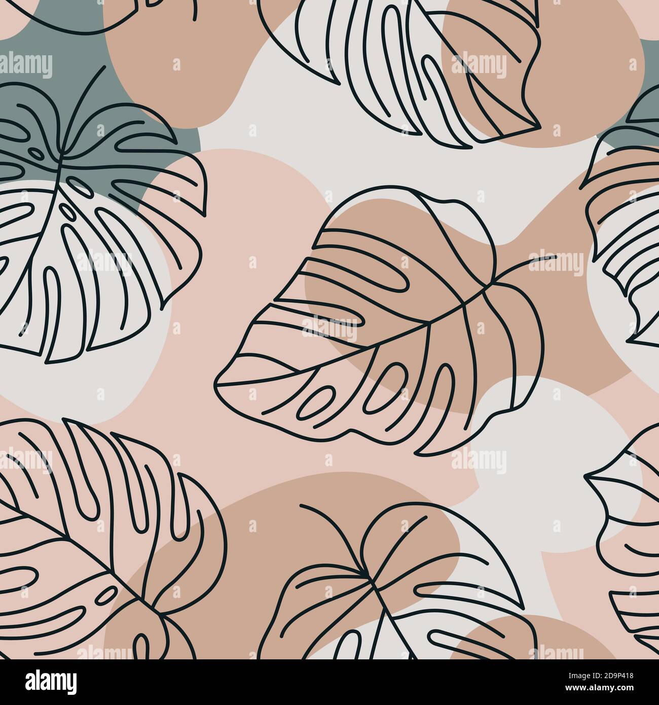 Abstrakte Tropische Monstera Blätter Nahtloses Muster. Vector floralen Hintergrund in einem trendigen minimalistischen linearen Stil in Pastellfarben für den Druck von Packa Stock Vektor