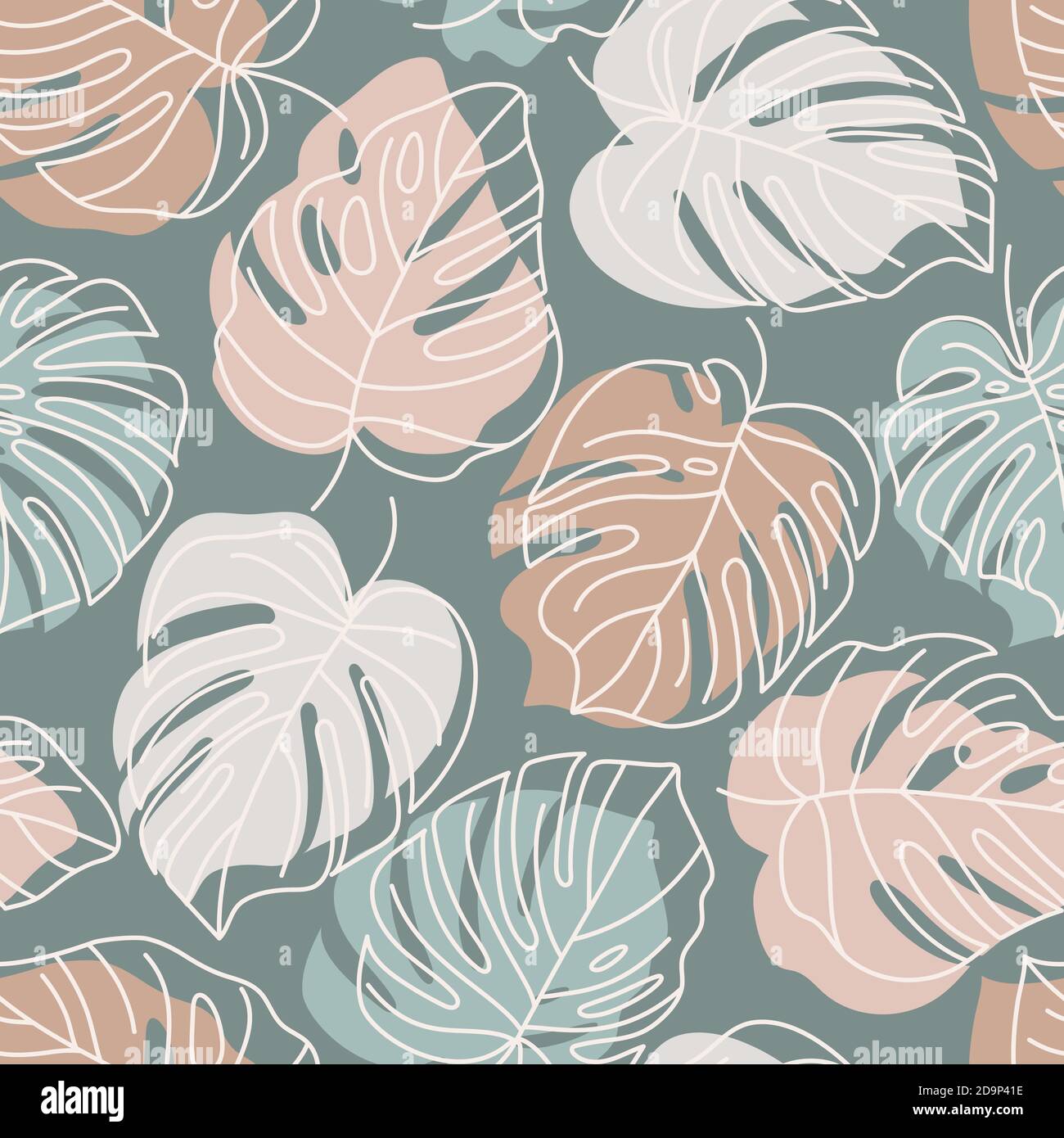 Tropisches Monstera Blätter Nahtloses Muster. Vector floralen Hintergrund in einem trendigen minimalistischen linearen Stil in rosa und mint Pastellfarben zum Drucken Stock Vektor