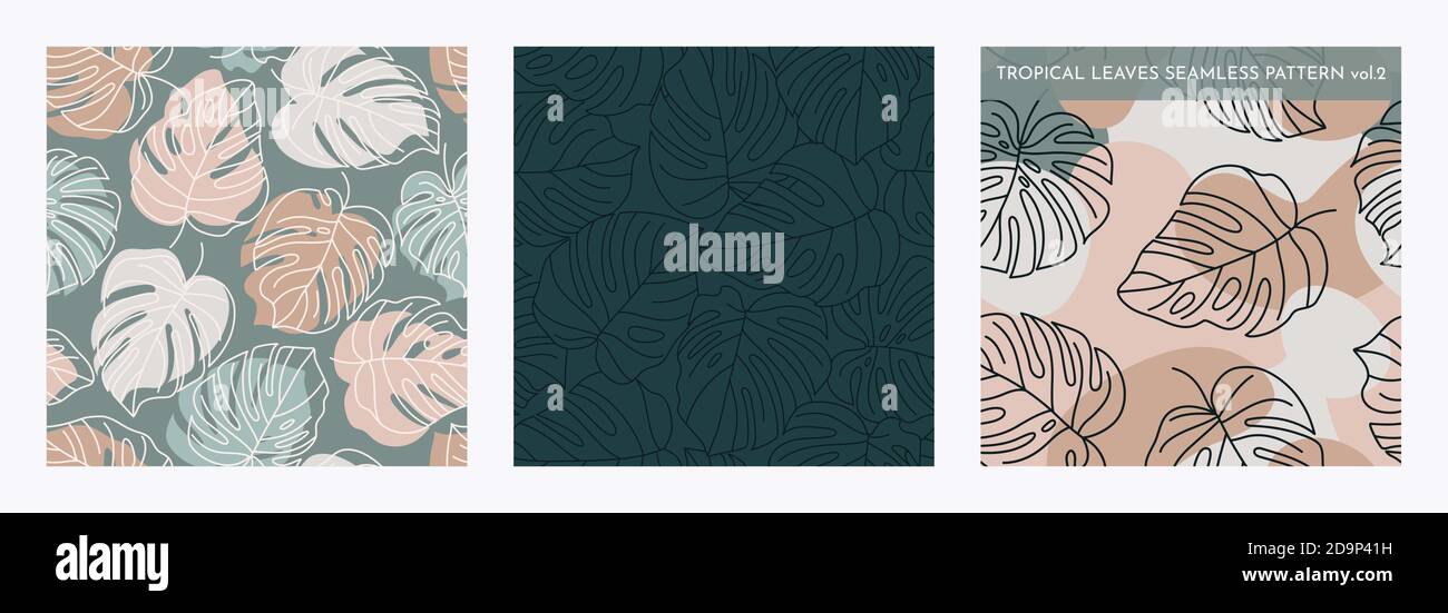Set von tropischen Monstera Blätter Nahtloses Muster. Vector floralen Hintergrund in einem trendigen minimalistischen linearen Stil in Pastellfarben für den Druck von Packagi Stock Vektor