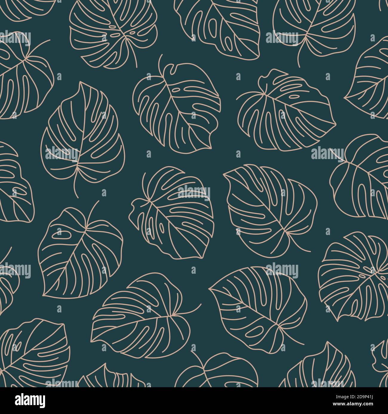 Tropisches Monstera Blätter Nahtloses Muster. Vector floralen Hintergrund in einem trendigen minimalistischen linearen Stil in dunkelgrün und rosa Farben für den Druck p Stock Vektor