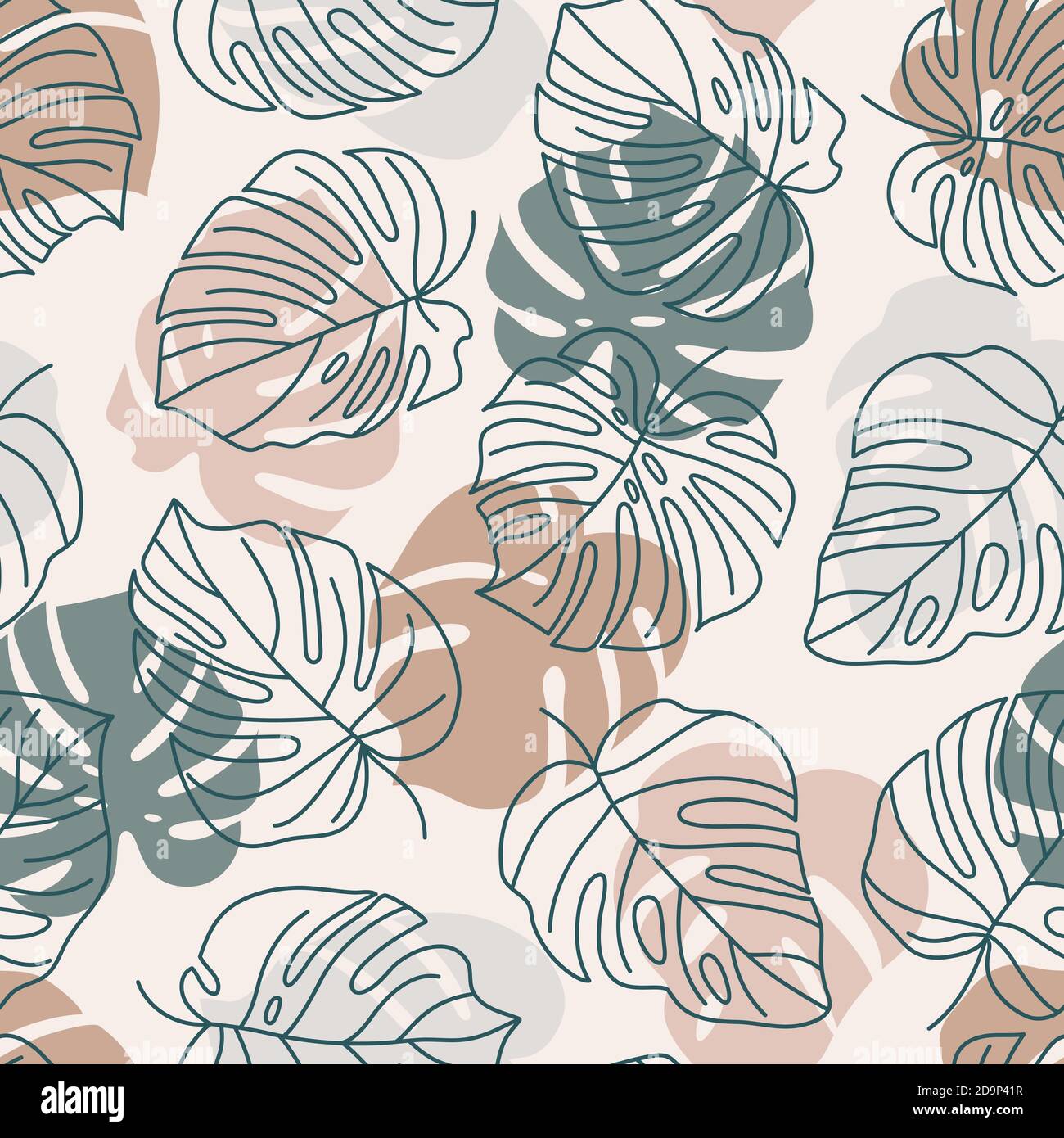 Tropisches Monstera Blätter Nahtloses Muster. Vector floralen Hintergrund in einem trendigen minimalistischen linearen Stil in rosa und grünen Pastellfarben für den Druck Stock Vektor