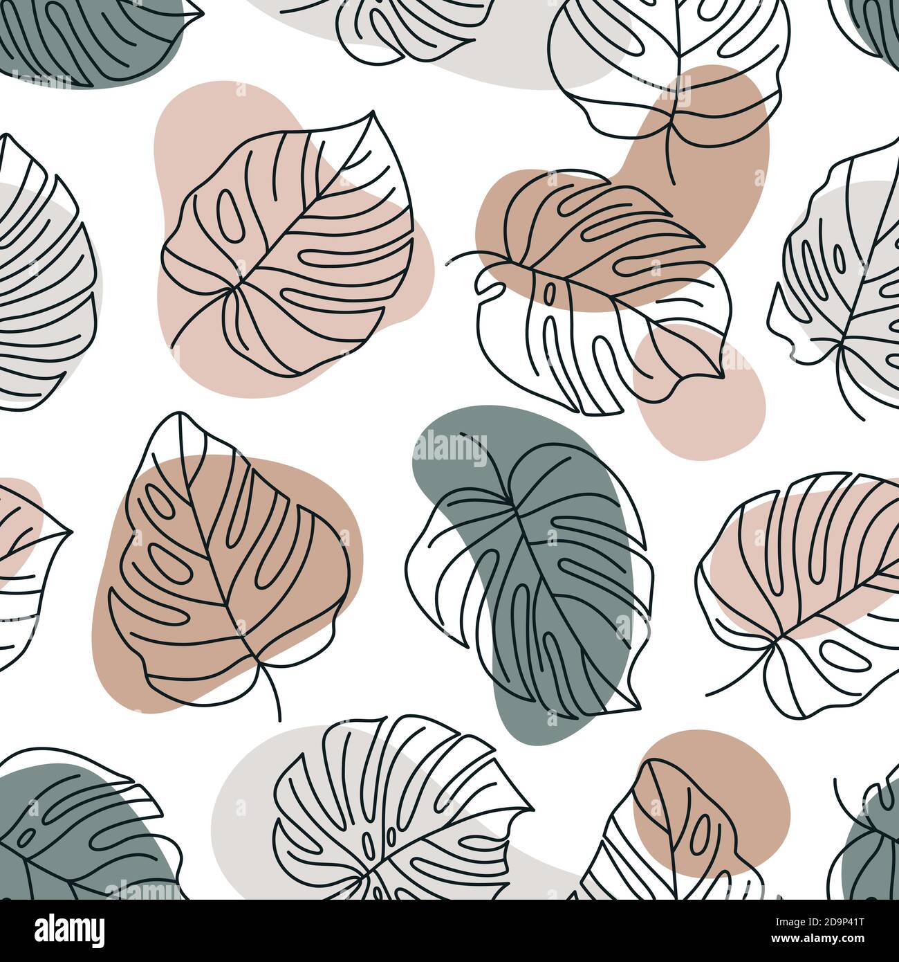 Abstrakte Tropische Monstera Blätter Nahtloses Muster. Vector floralen Hintergrund in einem trendigen minimalistischen linearen Stil in Pastellfarben für den Druck von Packa Stock Vektor