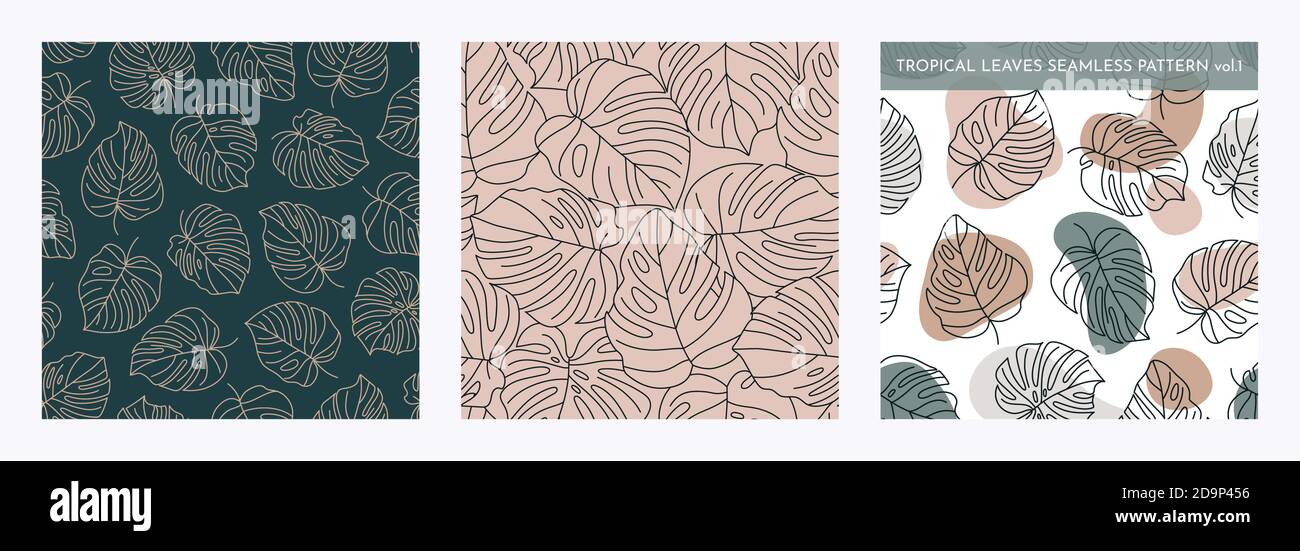 Set von tropischen Monstera Blätter Nahtloses Muster. Vector floralen Hintergrund in einem trendigen minimalistischen linearen Stil in Pastellfarben für den Druck von Packagi Stock Vektor