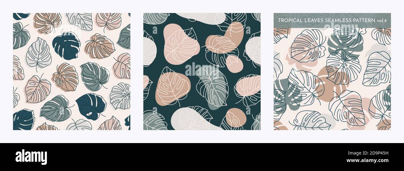 Set von tropischen Monstera Blätter Nahtloses Muster. Vector floralen Hintergrund in einem trendigen minimalistischen linearen Stil in Pastellfarben für den Druck von Packagi Stock Vektor