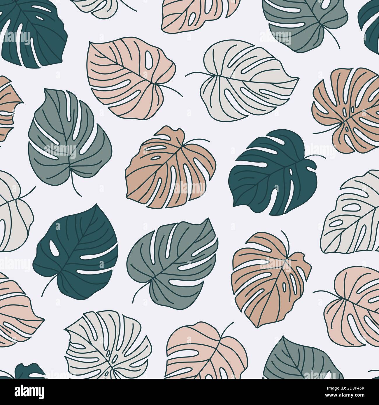 Tropisches Monstera Blätter Nahtloses Muster. Vector floralen Hintergrund in einem trendigen minimalistischen linearen Stil in grauen Pastellfarben für den Druck von Verpackungen Stock Vektor