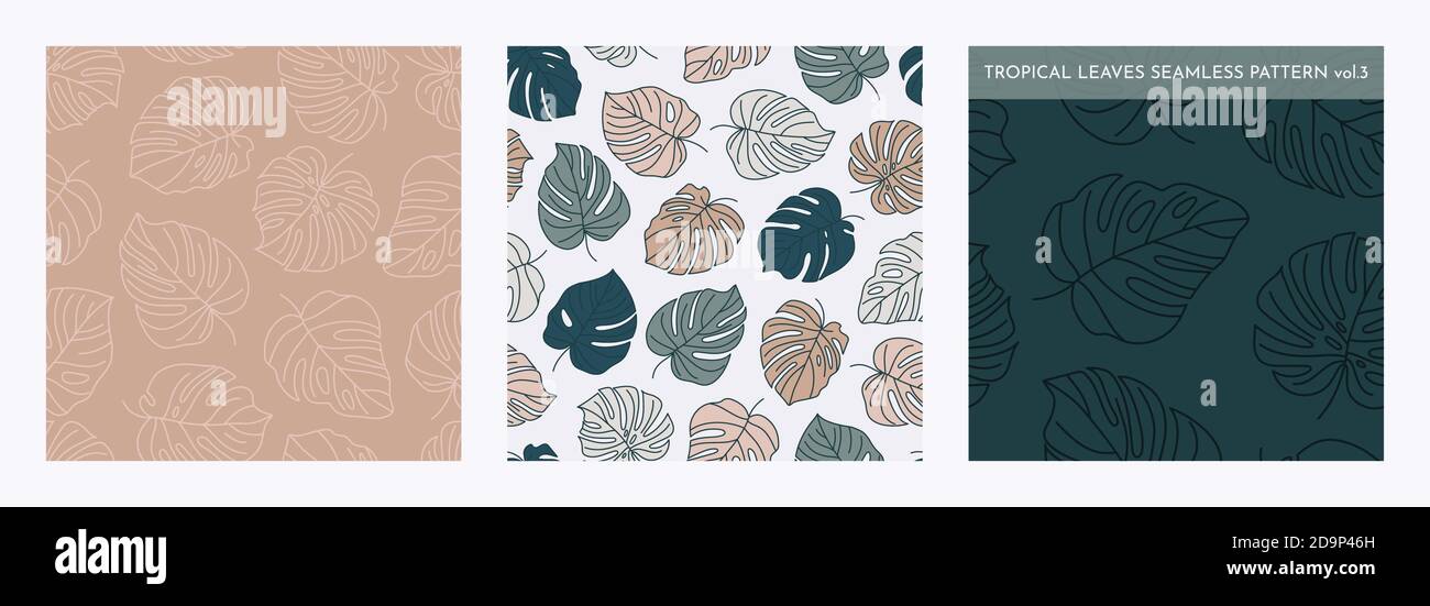 Set von tropischen Monstera Blätter Nahtloses Muster. Vector floralen Hintergrund in einem trendigen minimalistischen linearen Stil in Pastellfarben für den Druck Stock Vektor
