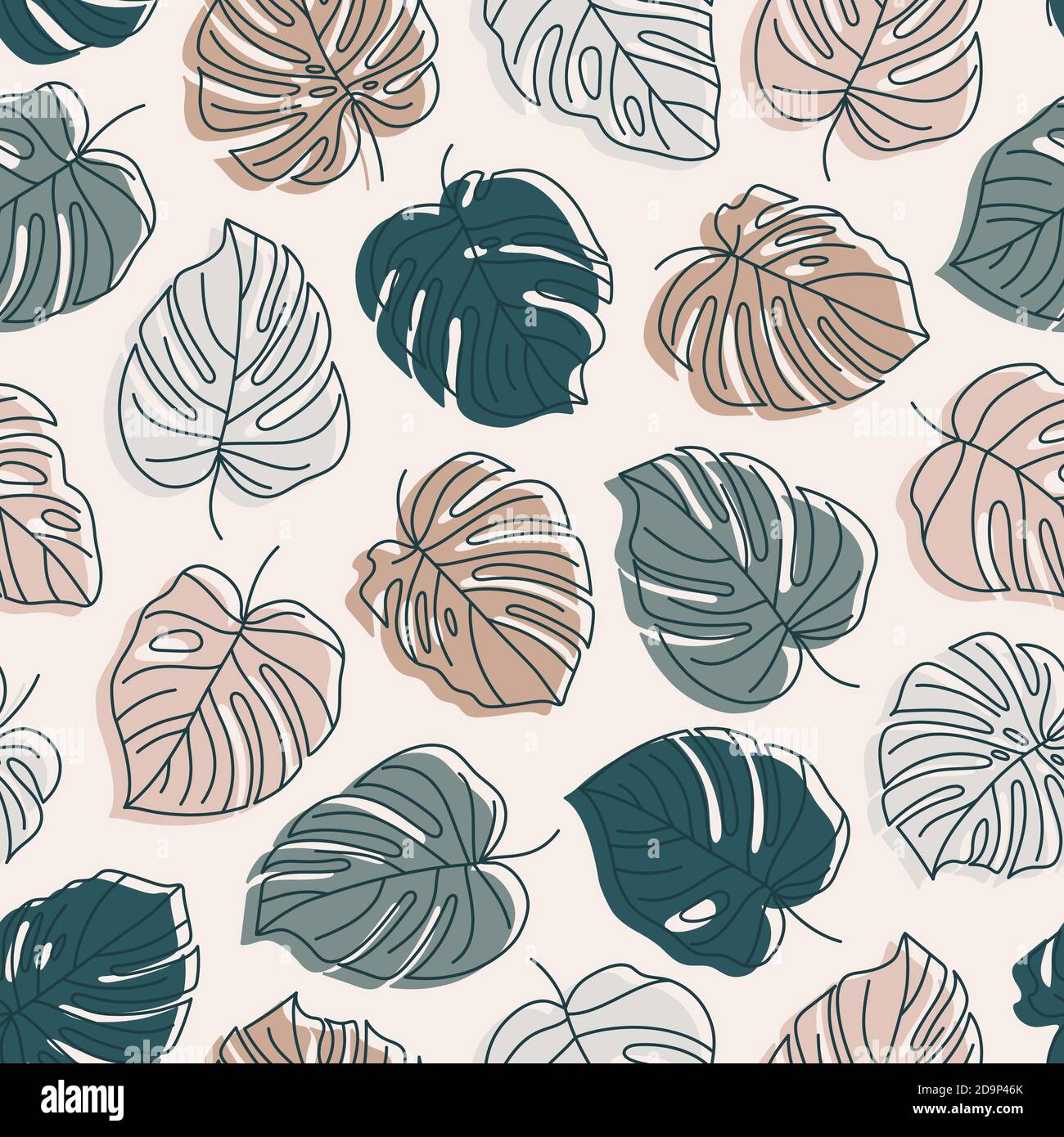 Tropisches Monstera Blätter Nahtloses Muster. Vector floralen Hintergrund in einem trendigen minimalistischen linearen Stil in rosa Pastellfarben für den Druck von Verpackungen Stock Vektor