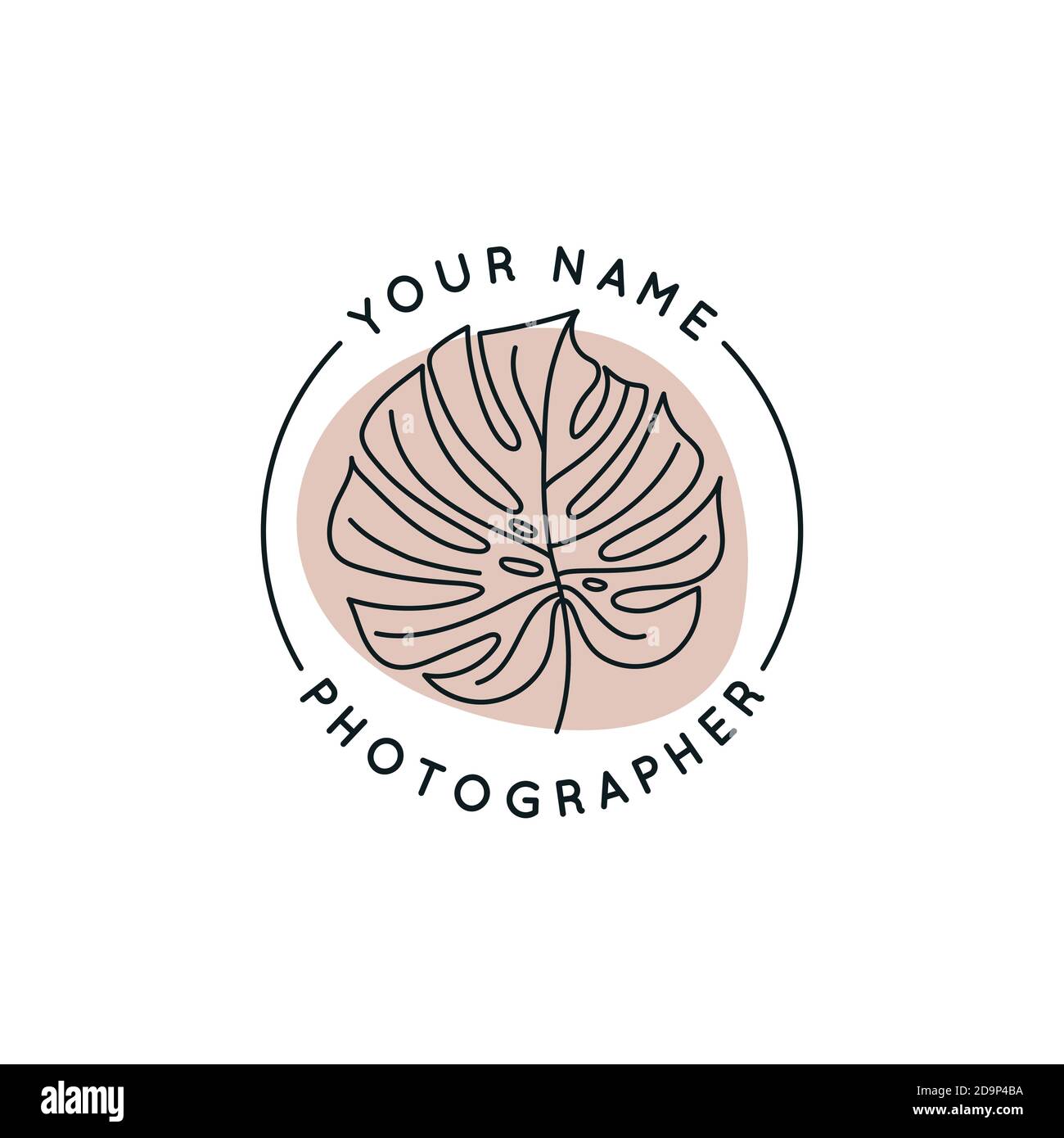 Monstera Blatt Logo Design-Vorlage in einfachen minimal linearen Stil.  Vektor exotische tropische Emblem mit Blttern und rosa abstrakte Formen  fr Schnheit, SPA Stock-Vektorgrafik - Alamy