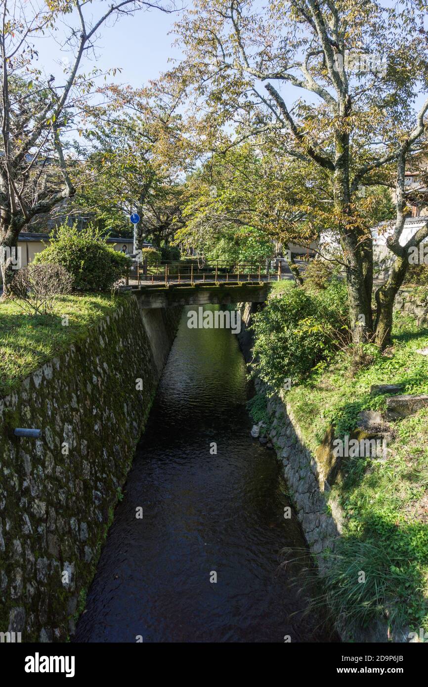 Blick auf den Philosophenweg (哲学の道, Tetsugaku no michi), einen Steinpfad entlang eines Kanals durch den nördlichen Teil des Higashiyama-Viertels von Kyoto. Stockfoto