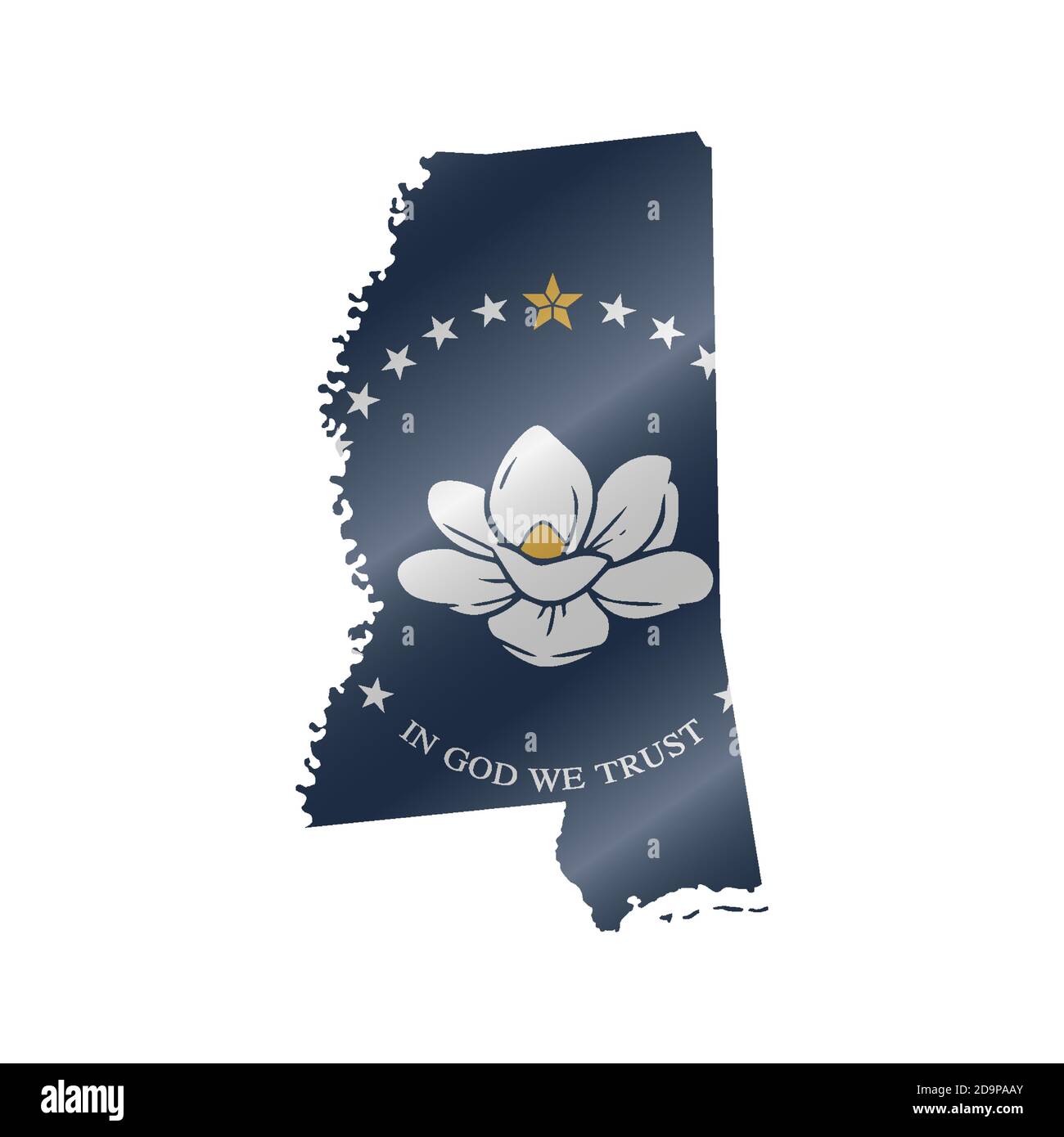 Karte mit wehender Flagge von Mississippi. Neue Magnolienflagge. Vektorgrafik Stock Vektor