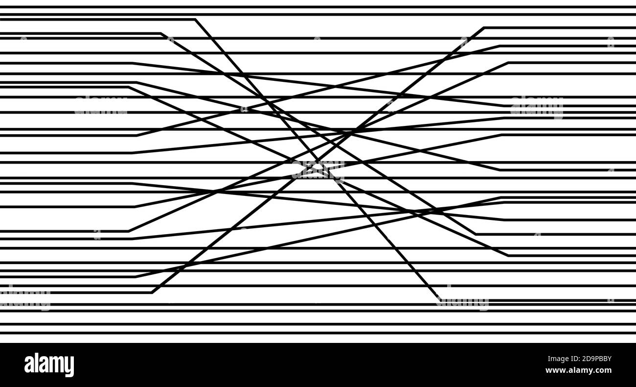 Gerade und verworrene schwarze Linien. Horizontale gemischte Linien. Chaotisches Musterdesign. Schwarze komplexe Streifen auf weißem Grund. Komplexes Fadenmuster. Stockfoto
