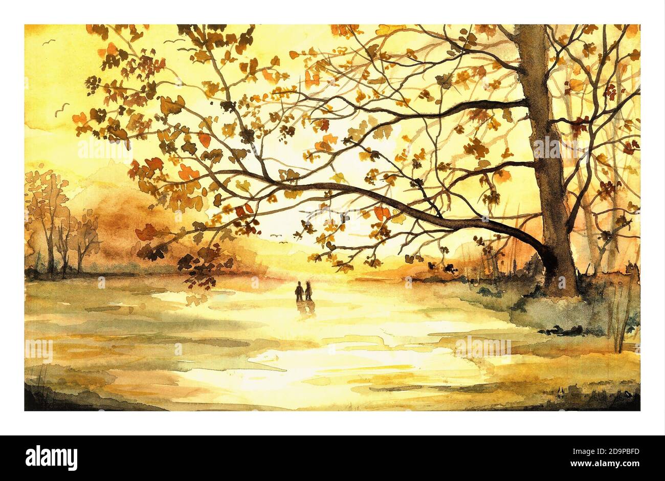 Aquarellmalerei im Herbst. Ein Platanenbaum mit gelben Blättern, ein Pfad unter gelbem Sonnenlicht und zwei Personen, die zum Sonnenuntergang gehen. Stockfoto Aquarellmalerei im Herbst. Ein Platanenbaum mit gelben Blättern, ein Pfad unter gelbem Sonnenlicht und zwei Personen, die zum Sonnenuntergang gehen. Stockfoto
