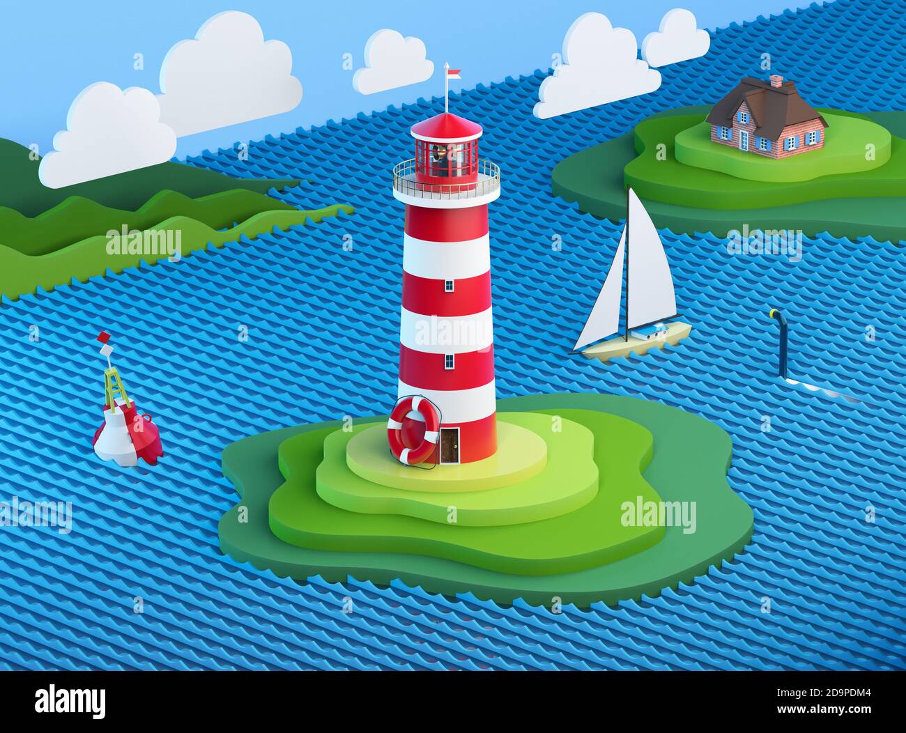 Stilisierte Meereslandschaft mit Leuchtturm, hallig, Boje, Segelschiff, Wolken und Hügeln Stockfoto