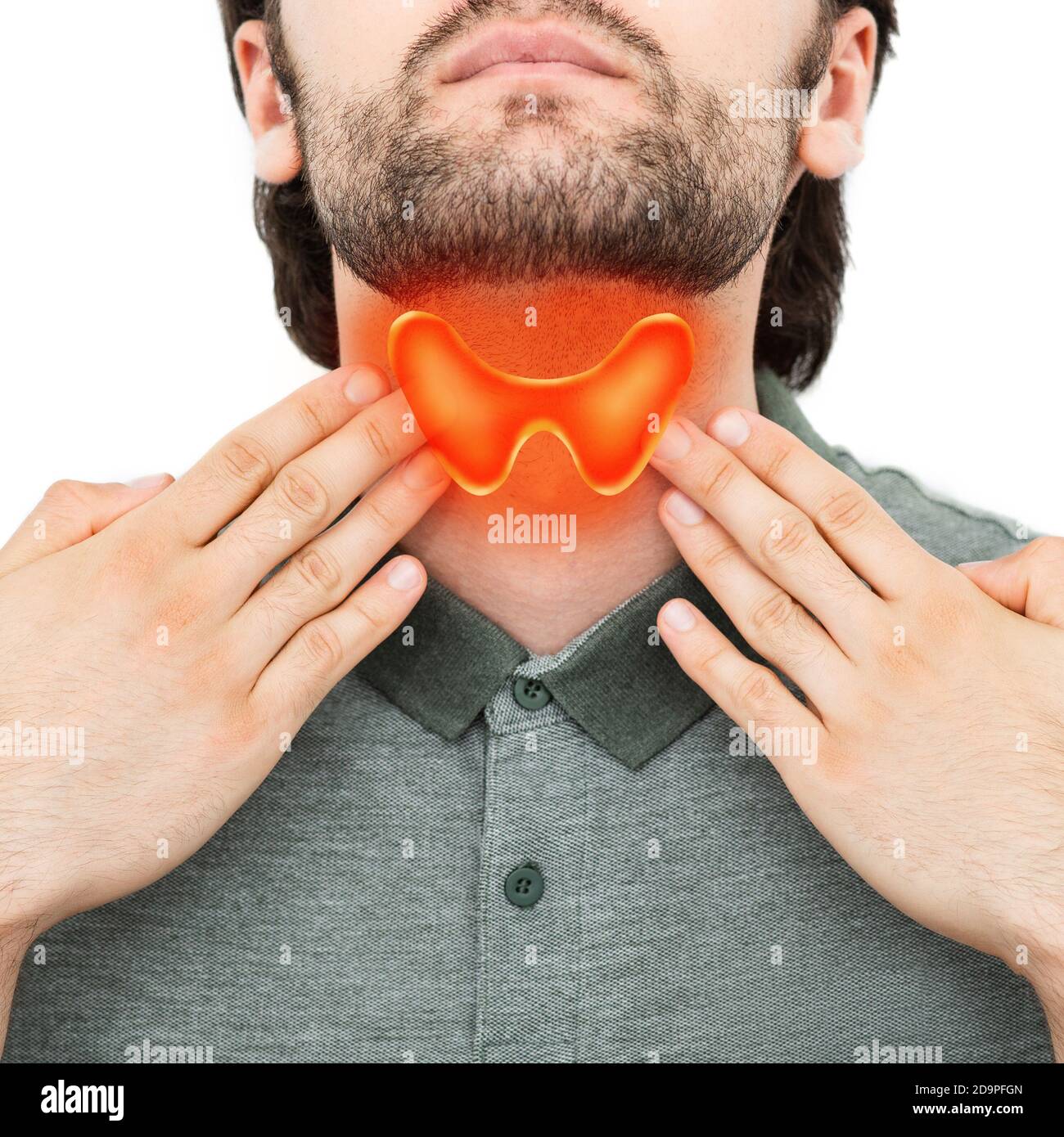 Der Patient tastete seinen Hals, untersuchte die Schilddrüse. Vergrößerte Schilddrüse, isoliert auf weißem Hintergrund. Medizinisches Poster Stockfoto